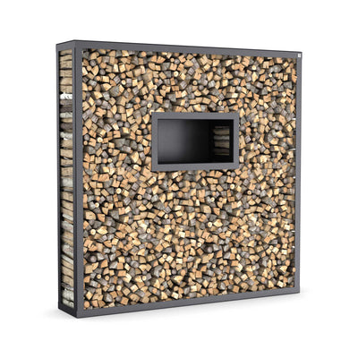 Rastrelliera per legna da ardere con pannello posteriore personalizzato, acciaio inox verniciato a polvere